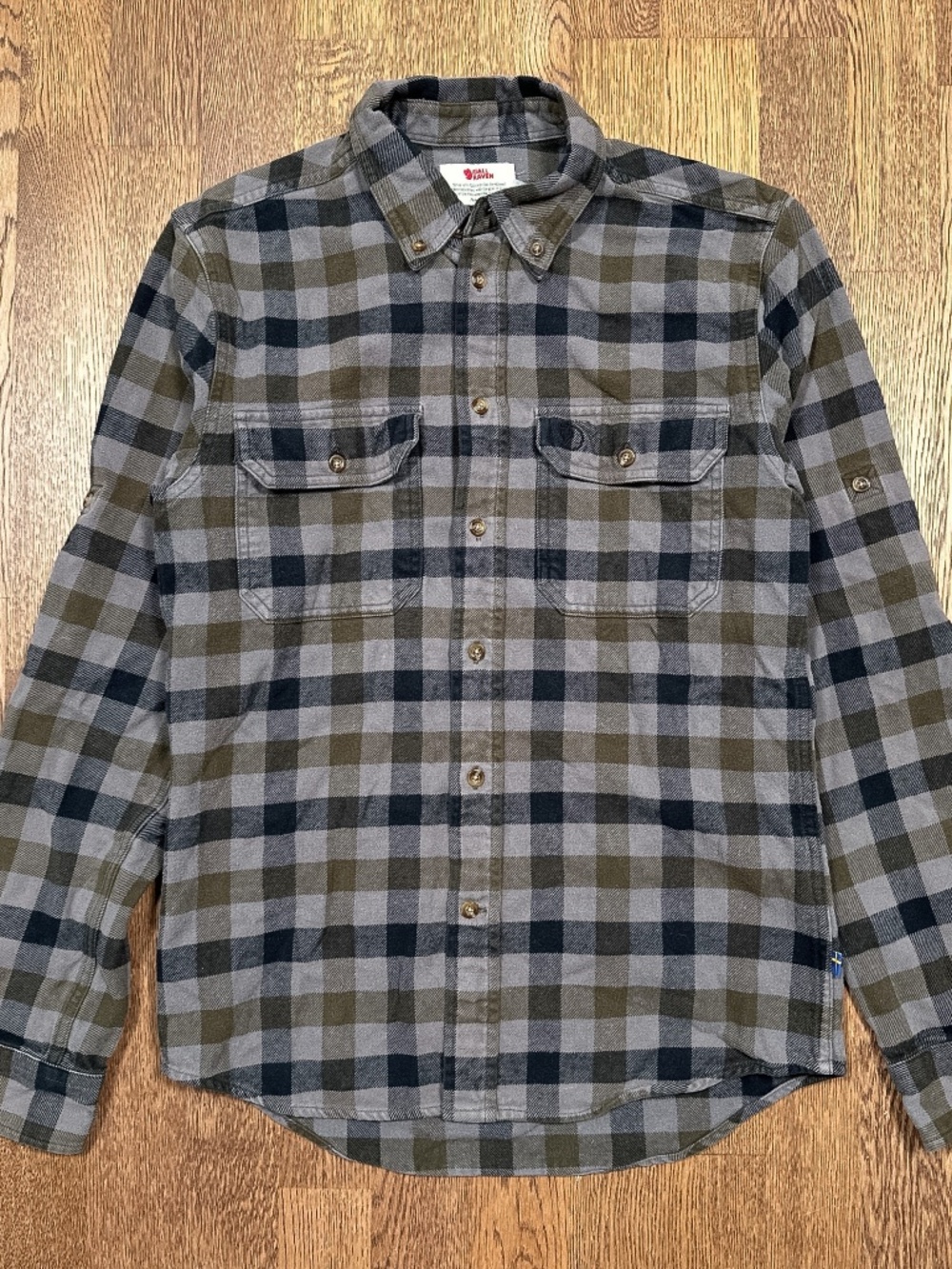 Fjallraven Skog Slim Cotton Flannel Plaid Gray Blue Green Button Shirt Mens S